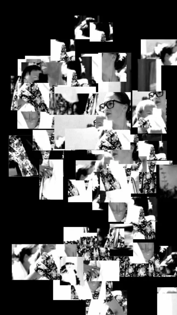Fragmented black-and-white portrait of a festival visitor in a patterned dress